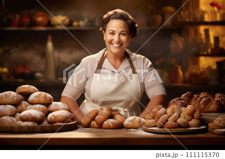Baker woman showcasing a variety of freshly baked bread and buns in a rustic kitchen setting. Fat, kind, smiling middle-aged lady in a white apron. Concept of small industries and healthy food 111115370