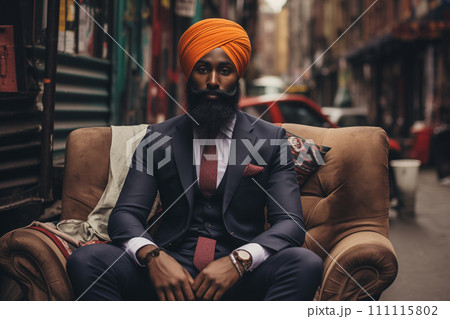 Portrait of a handsome Indian Sikh businessman wearing turban and sitting on a chair in the street 111115802