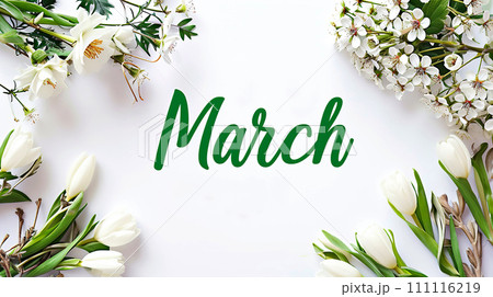Spring floral banner on a white background for March. International Women's Day. 111116219