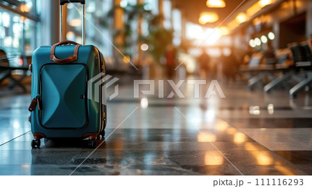 Blue travel suitcase on the floor in the airport terminal. Blue travel suitcase on the floor in the airport terminal. 111116293