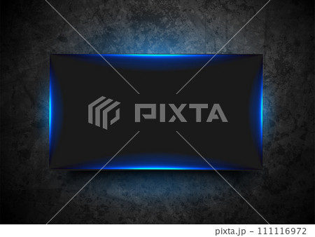 Blue neon luminous frame on dark brick wall abstract background 111116972