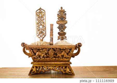 Losar Tibetan New Year. A Chemar box for Tibetan New Year with roasted barley and barley flour. Losar Tibetan New Year. A Chemar box for Tibetan New Year with roasted barley and barley flour. 111116989