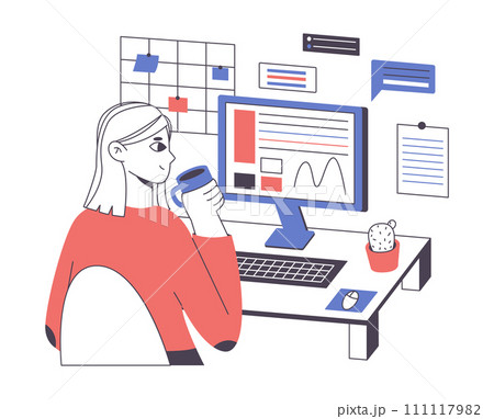 Freelance female worker. Distant creative IT engineer or smm manager working from home flat vector illustration. Freelance person remote working on white 111117982
