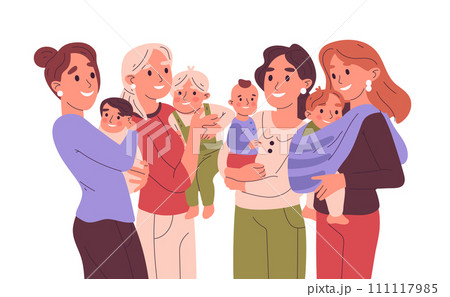 Moms carrying babies. Mothers with newborn kids and toddlers, female parents with cute kids flat vector illustration on white. Happy motherhood concept 111117985
