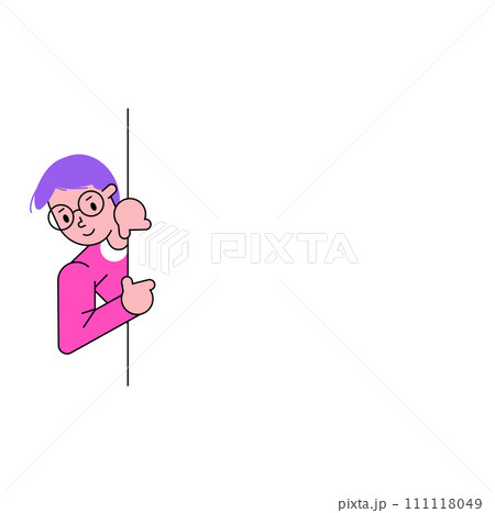 Cartoon girl with purple hair and glasses peeking. Shy child peeking around corner with a cute smile. Childish curiosity and playfulness vector illustration. 111118049