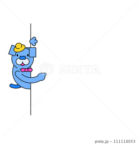 Blue cartoon seal balancing a yellow ball, wearing a bow tie and hat. Circus seal performing tricks vector illustration. 111118053
