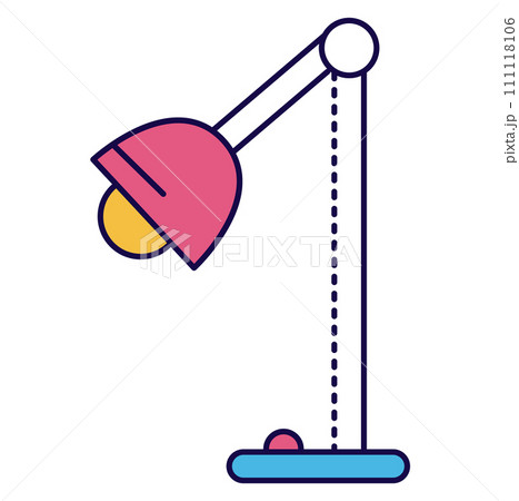Pink adjustable desk lamp with yellow light on. Modern flat design home office equipment. Bright colors and minimalist vector illustration. Pink adjustable desk lamp with yellow light on. Modern flat design home office equipment. Bright colors and minimalist vector illustration. 111118106