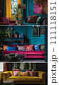 Vibrant Bohemian Living Room with Teal Walls and Colorful Accents 111118151