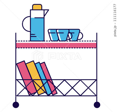 Blue thermos and cups on shelf with colorful books on trolley. Office break time and organization. Vector illustration. Blue thermos and cups on shelf with colorful books on trolley. Office break time and organization. Vector illustration. 111118177
