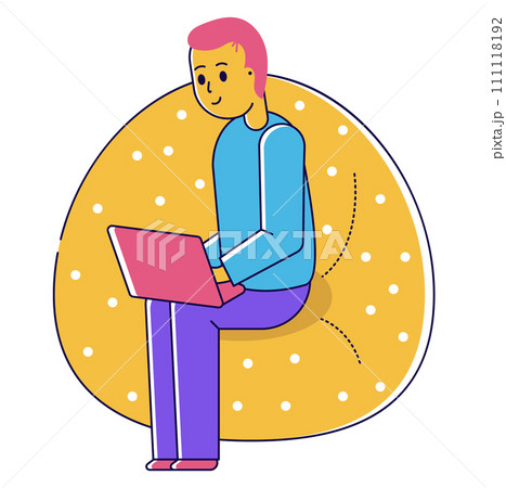 Young adult male sitting on a chair using a laptop, casual style, colorful vector illustration. Freelancer working, digital nomad, online education. Young adult male sitting on a chair using a laptop, casual style, colorful vector illustration. Freelancer working, digital nomad, online education. 111118192
