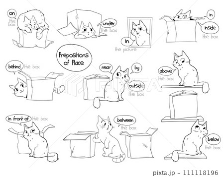 Prepositions of place. English prepositions. Black and white cartoon character 111118196