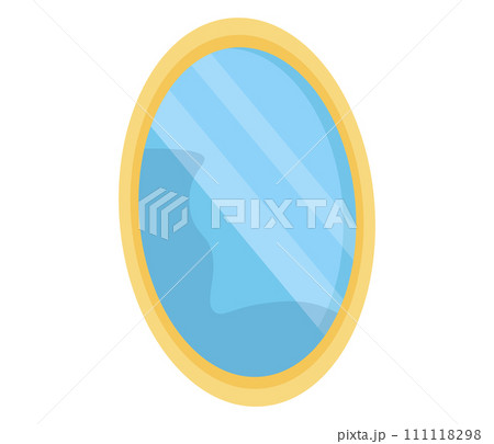 Simple gold frame with a mirror reflection, elegant round mirror. Classic interior decoration, luxury accessory vector illustration. 111118298