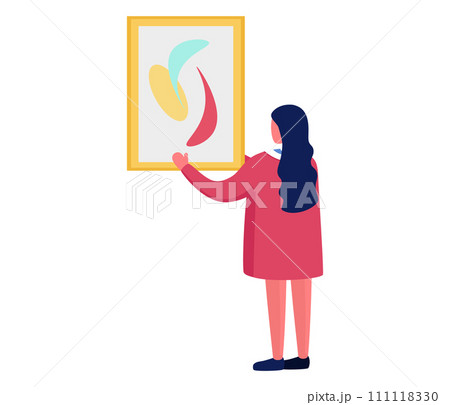 Woman hanging abstract art on wall. Female admires modern painting in gallery. Art appreciation and home decor vector illustration. Woman hanging abstract art on wall. Female admires modern painting in gallery. Art appreciation and home decor vector illustration. 111118330