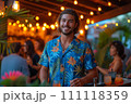A charismatic bartender wearing a blue Hawaiian shirt at a vibrant city rooftop bar with a tropical theme. A charismatic bartender wearing a blue Hawaiian shirt at a vibrant city rooftop bar with a tropical theme. 111118359