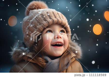 AI-generated content. Cute child with happy face wearing a warm hat and warm jacket surrounded with snowflakes. Winter holidays concept AI-generated content. Cute child with happy face wearing a warm hat and warm jacket surrounded with snowflakes. Winter holidays concept 111118569
