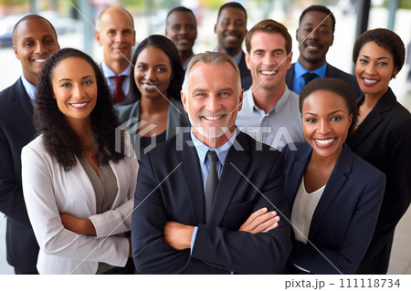 Portrait of a smiling business team standing in a row with arms crossed 111118734