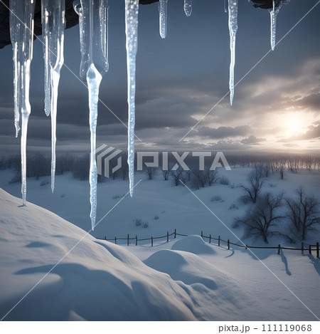 AI-generated content. Generative AI of Icicles Hanging From the Roof of a House in the Snow 111119068