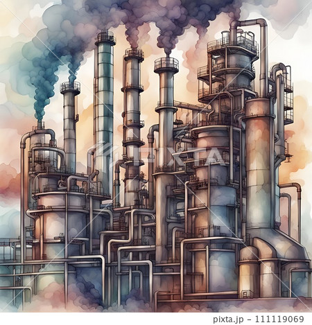 AI-generated content. Generative AI of watercolor painting style of an Industrial Factory Emitting Smoke 111119069