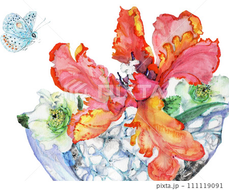 水彩絵の具で手書きしたリアルで美しい花と蝶のイラストのイラスト素材