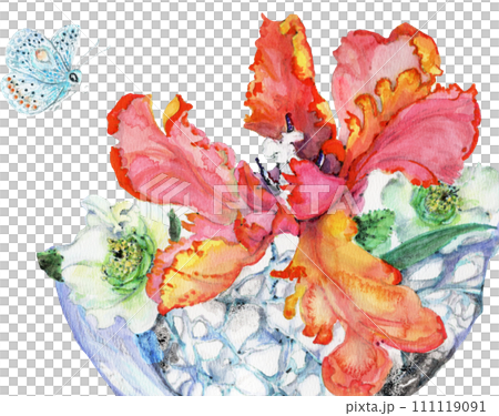 水彩絵の具で手書きしたリアルで美しい花と蝶のイラストのイラスト素材