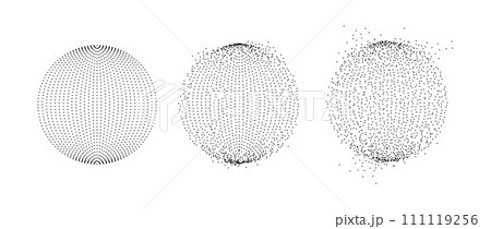 Set of dotted spheres with dissolve effect. Stipple disintegrating circle collection. Halftone textured balls with noise dot work grain. Radial grunge particles. Dot sphere bubble bundle. Vector pack Set of dotted spheres with dissolve effect. Stipple disintegrating circle collection. Halftone textured balls with noise dot work grain. Radial grunge particles. Dot sphere bubble bundle. Vector pack 111119256