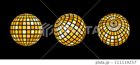 Yellow disco ball set. Collection of wireframe spheres in different angles. Grid globe or checkered ball bundle. Gold mirrorball element pack for poster, banner, music cover, party. Vector Yellow disco ball set. Collection of wireframe spheres in different angles. Grid globe or checkered ball bundle. Gold mirrorball element pack for poster, banner, music cover, party. Vector 111119257