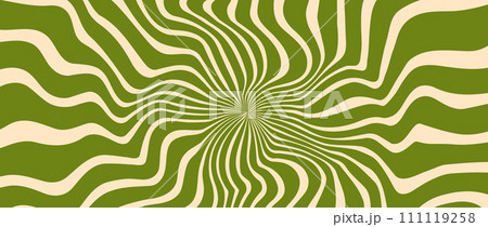 Trippy burst lines background. Psychedelic wavy stripes wallpaper. Green groovy twisted sunburst swirl. Distorted curly wave texture design for poster, banner, flyer, cover, print. Vector backdrop 111119258