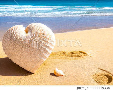A heart-shaped seashell on a sandy beach. Generative AI 111119330