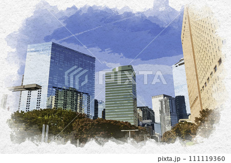 水彩画風　西新宿　公園通り　セントラルパークタワー（ラ・トゥール新宿）と新宿グリーンタ　東京都新宿区 111119360