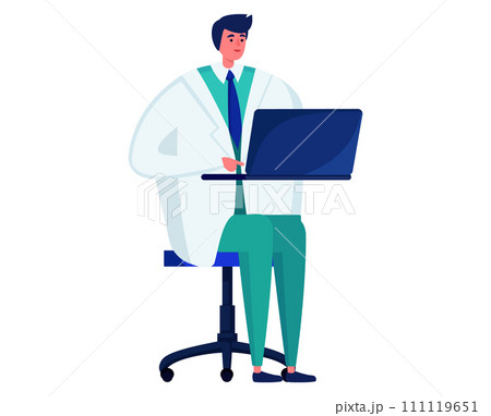 Asian businessman working on laptop standing. Corporate employee in formal wear with computer vector illustration. Asian businessman working on laptop standing. Corporate employee in formal wear with computer vector illustration. 111119651
