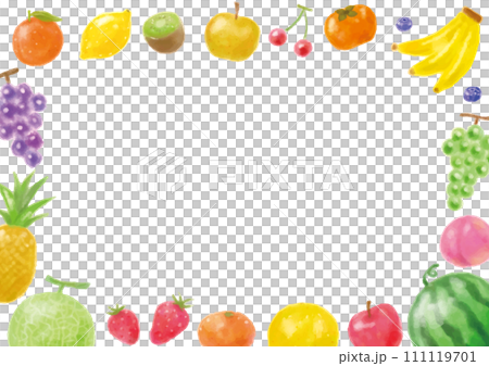 Watercolor style hand-painted frame of various fruits - horizontal - white background Watercolor style hand-painted frame of various fruits - horizontal - white background 111119701