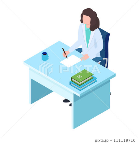 Female professional writing at desk in office setting. Businesswoman focused on paperwork with books and coffee. Workplace concentration vector illustration. 111119710