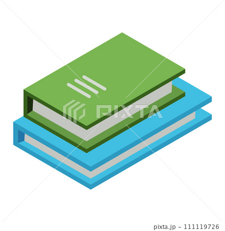 Stack of three books in isometric view, blue and green covers with bookmark. Education, reading, learning, library concept vector illustration. Stack of three books in isometric view, blue and green covers with bookmark. Education, reading, learning, library concept vector illustration. 111119726
