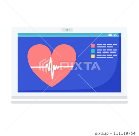 Laptop screen with heart symbol and ECG line. Digital health concept, online medical services. Heartbeat monitor interface vector illustration. 111119754