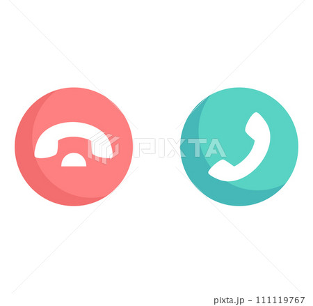 Red and green circle icons with phone handset symbols. Communication concept buttons, call and hang up icons. Vector illustration of phone call actions. Red and green circle icons with phone handset symbols. Communication concept buttons, call and hang up icons. Vector illustration of phone call actions. 111119767