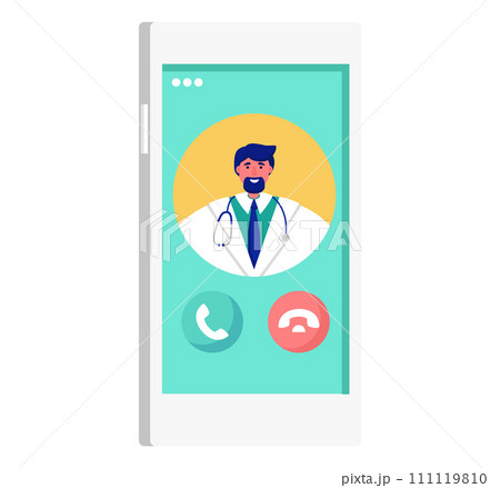 Male doctor with stethoscope on video call on smartphone screen. Virtual medical consultation concept. Telemedicine and healthcare application vector illustration. Male doctor with stethoscope on video call on smartphone screen. Virtual medical consultation concept. Telemedicine and healthcare application vector illustration. 111119810