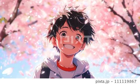 満開の桜と男の子のアニメ風イラスト「AI生成画像」 111119867