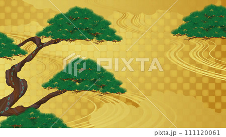 日本風の背景。松と雲と金色の背景のイラスト 111120061