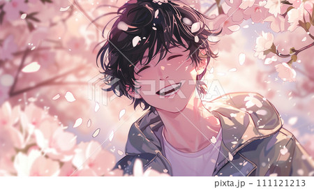 満開の桜と優しそうな男性のアニメ風イラスト「AI生成画像」 111121213