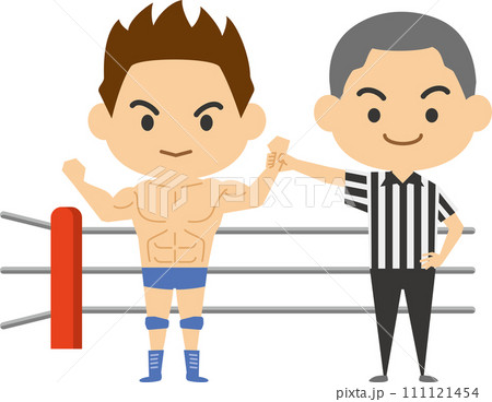 勝者の腕をあげるレフリーのイラスト（男子レスラー） 111121454
