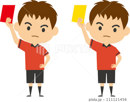 レッドカードとイエローカードを提示する審判のイラストセット レッドカードとイエローカードを提示する審判のイラストセット 111121456