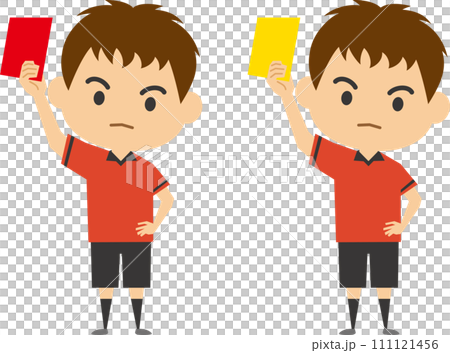 レッドカードとイエローカードを提示する審判のイラストセット レッドカードとイエローカードを提示する審判のイラストセット 111121456