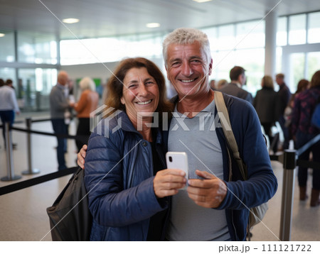 AI-generated content. Woman and man holding phone happily posing at airport before traveling. AI 111121722
