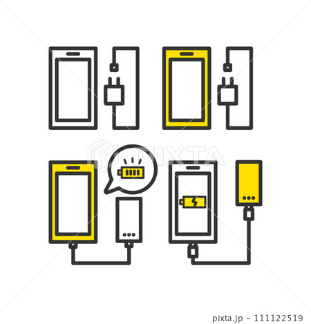 防災グッズ　スマートフォンと充電器とモバイルバッテリーのイラストセット 111122519