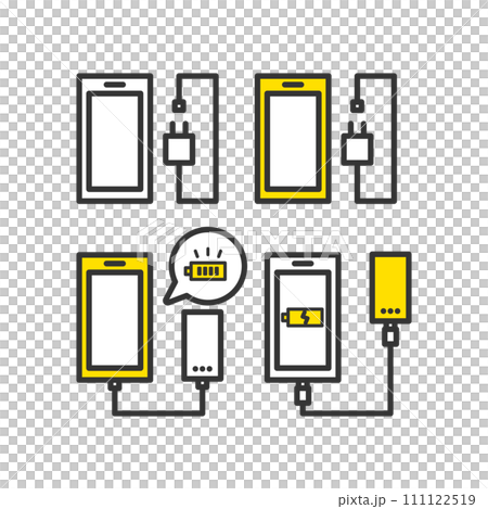防災グッズ　スマートフォンと充電器とモバイルバッテリーのイラストセット 111122519