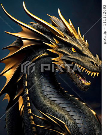 Black dragon on dark. Dragon head. Black and gold colors. Generative AI 111122692