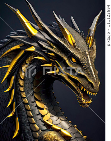 Black dragon on dark. Dragon head. Black and gold colors. Generative AI 111122694