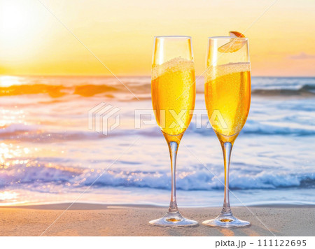 Glasses of champagne. Romantic date at sunset on a sandy beach, ocean shore. With space for text. Generative AI 111122695