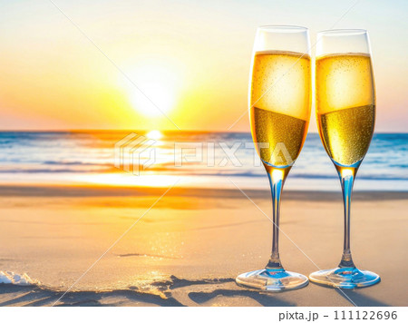 Glasses of champagne. Celebration toast at sunset on a sandy beach, ocean shore. With space for text. Generative AI 111122696