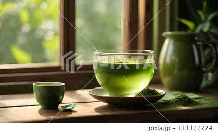 A comforting warm beverage made with green tea and matcha powder. 111122724